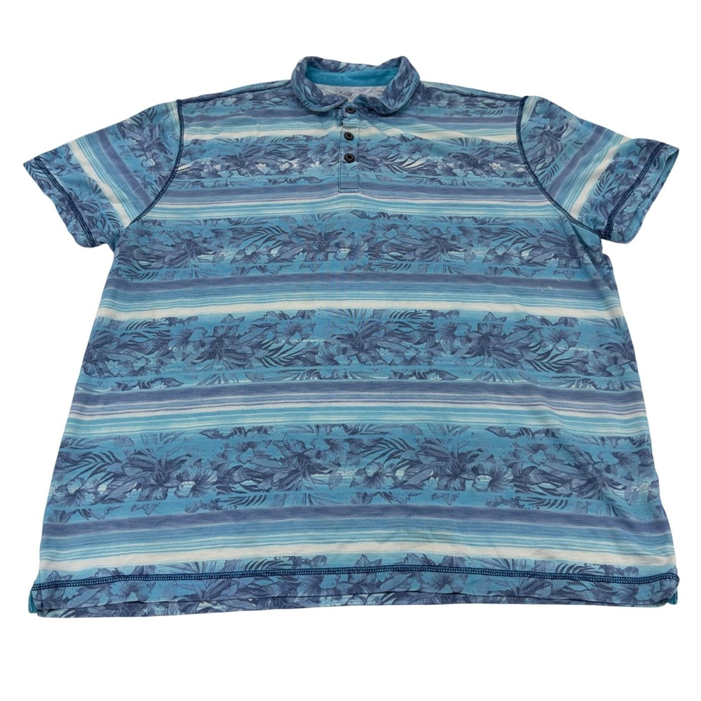 Paradise Collection Polo Shirt Blue Floral Striped Tropical Beach Casual XXL Men
